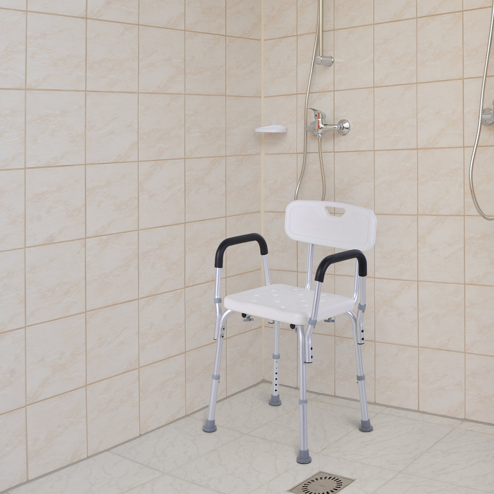 Banco para Duche Antiderrapante – 51,5x51,5x71-84 cm – Branco – Alumínio e PE