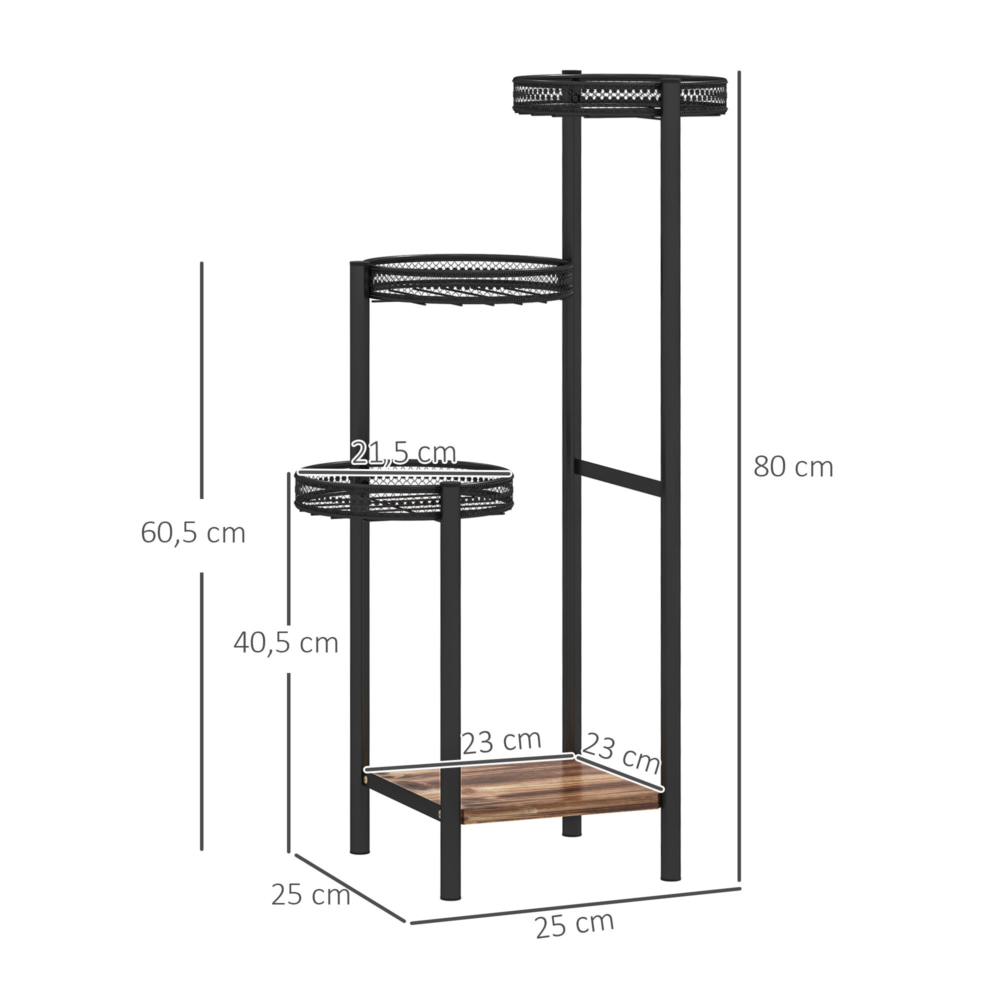 Suporte para Plantas de 4 Níveis – 25x25x80 cm – Preto – Aço e Madeira Maciça