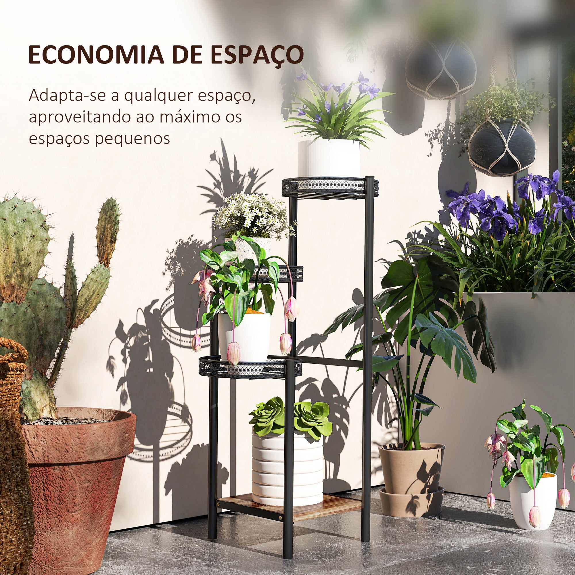 Suporte para Plantas de 4 Níveis – 25x25x80 cm – Preto – Aço e Madeira Maciça