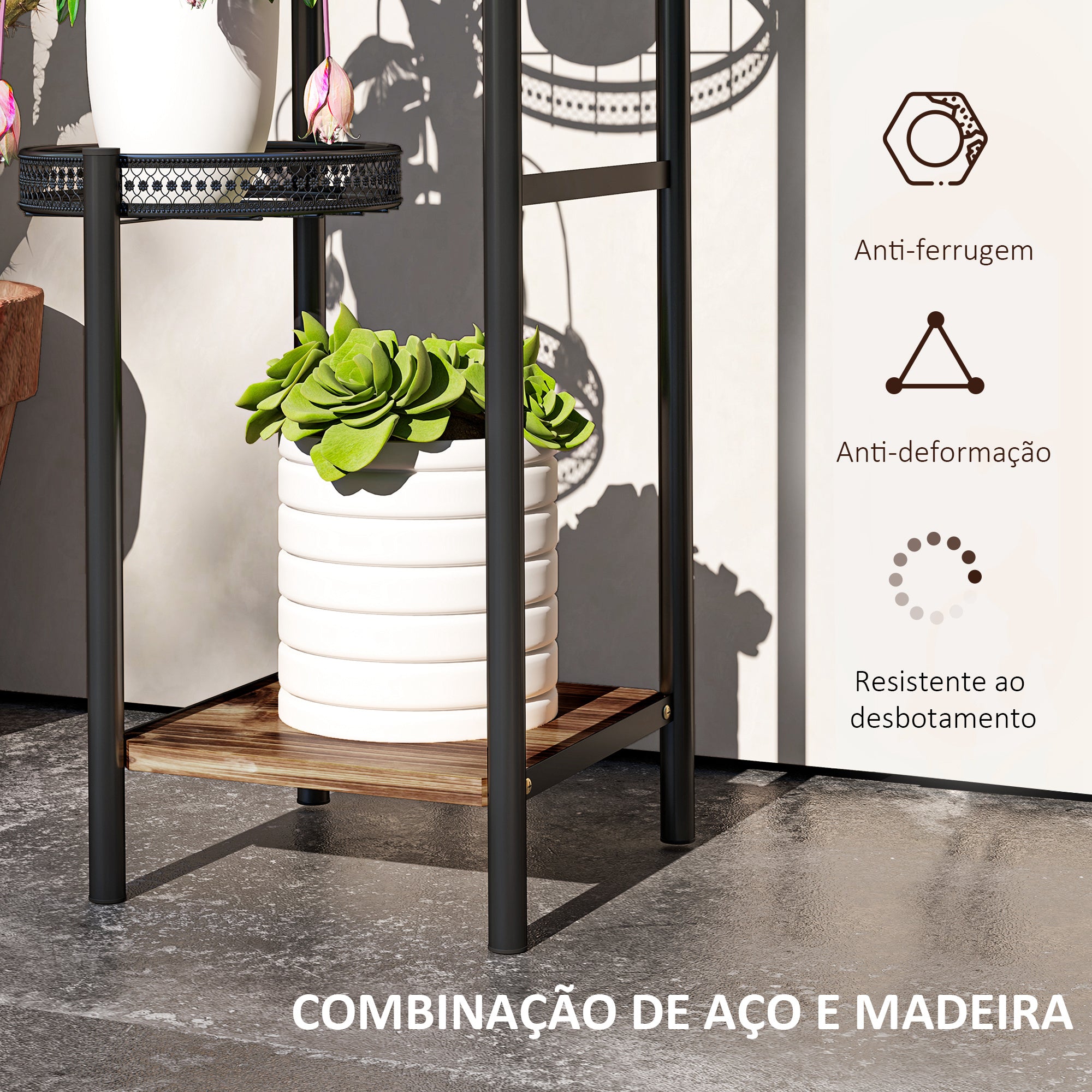 Suporte para Plantas de 4 Níveis – 25x25x80 cm – Preto – Aço e Madeira Maciça