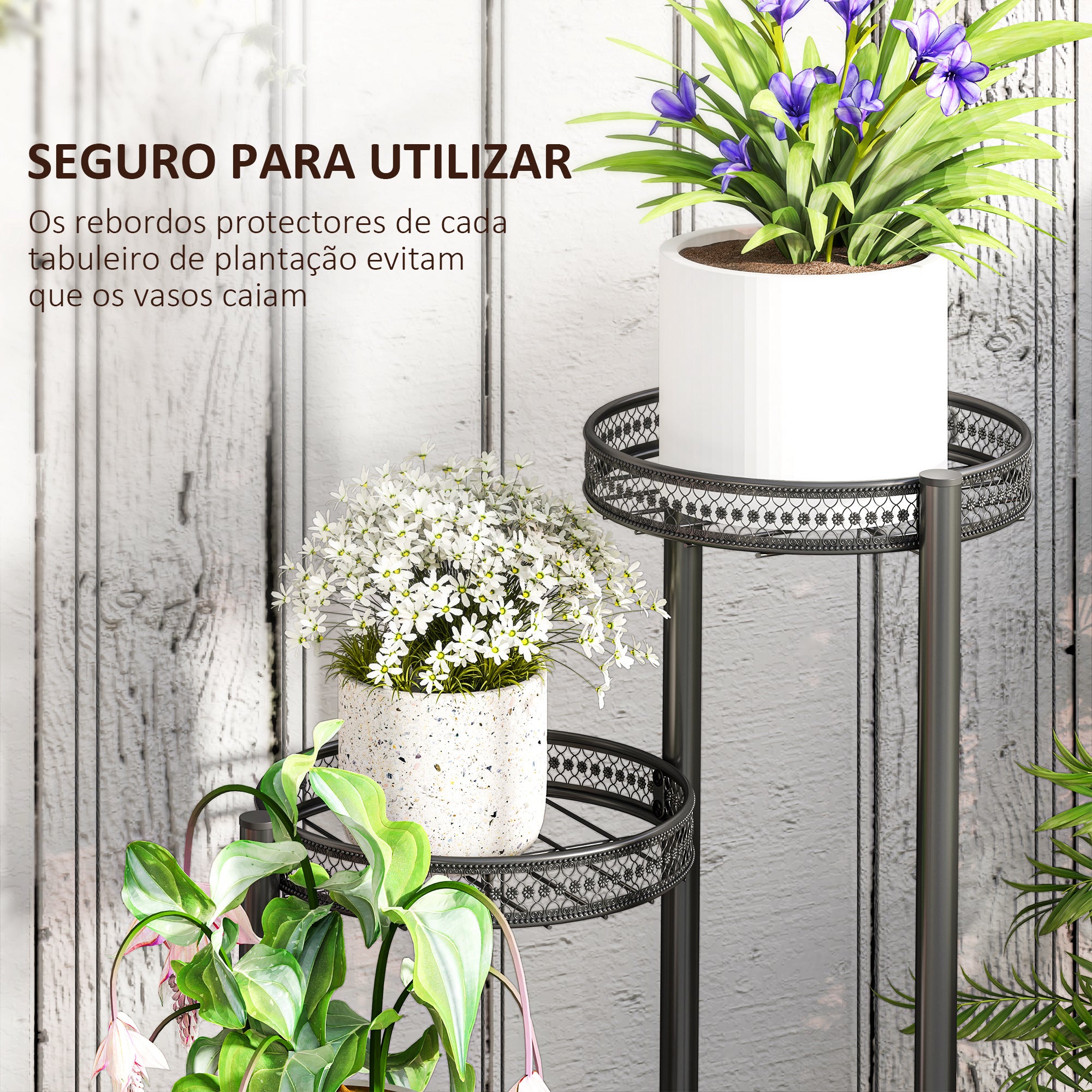 Suporte para Plantas de 4 Níveis – 25x25x80 cm – Preto – Aço e Madeira Maciça