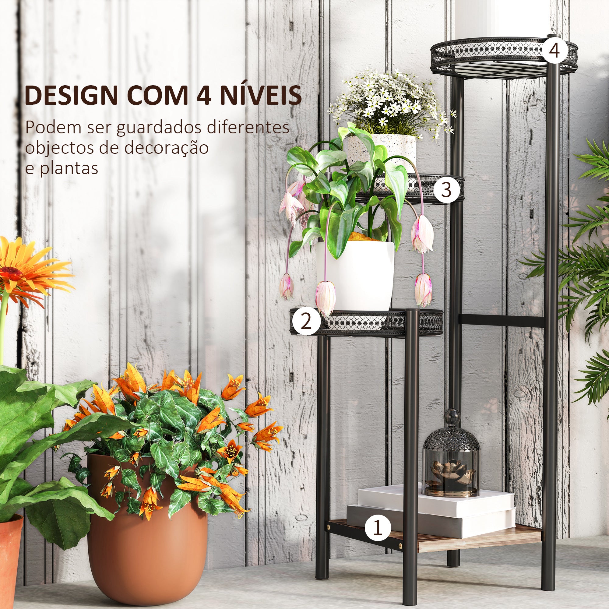 Suporte para Plantas de 4 Níveis – 25x25x80 cm – Preto – Aço e Madeira Maciça