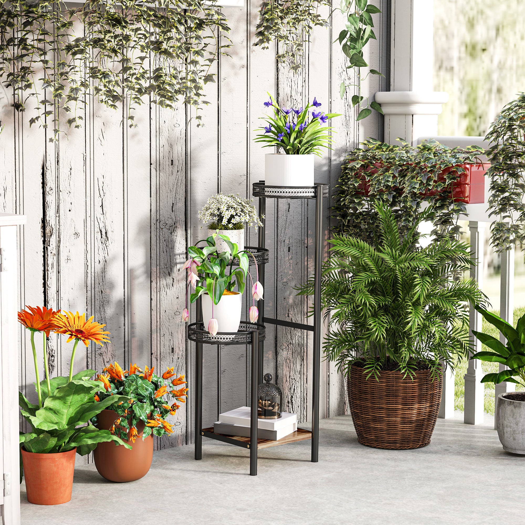 Suporte para Plantas de 4 Níveis – 25x25x80 cm – Preto – Aço e Madeira Maciça