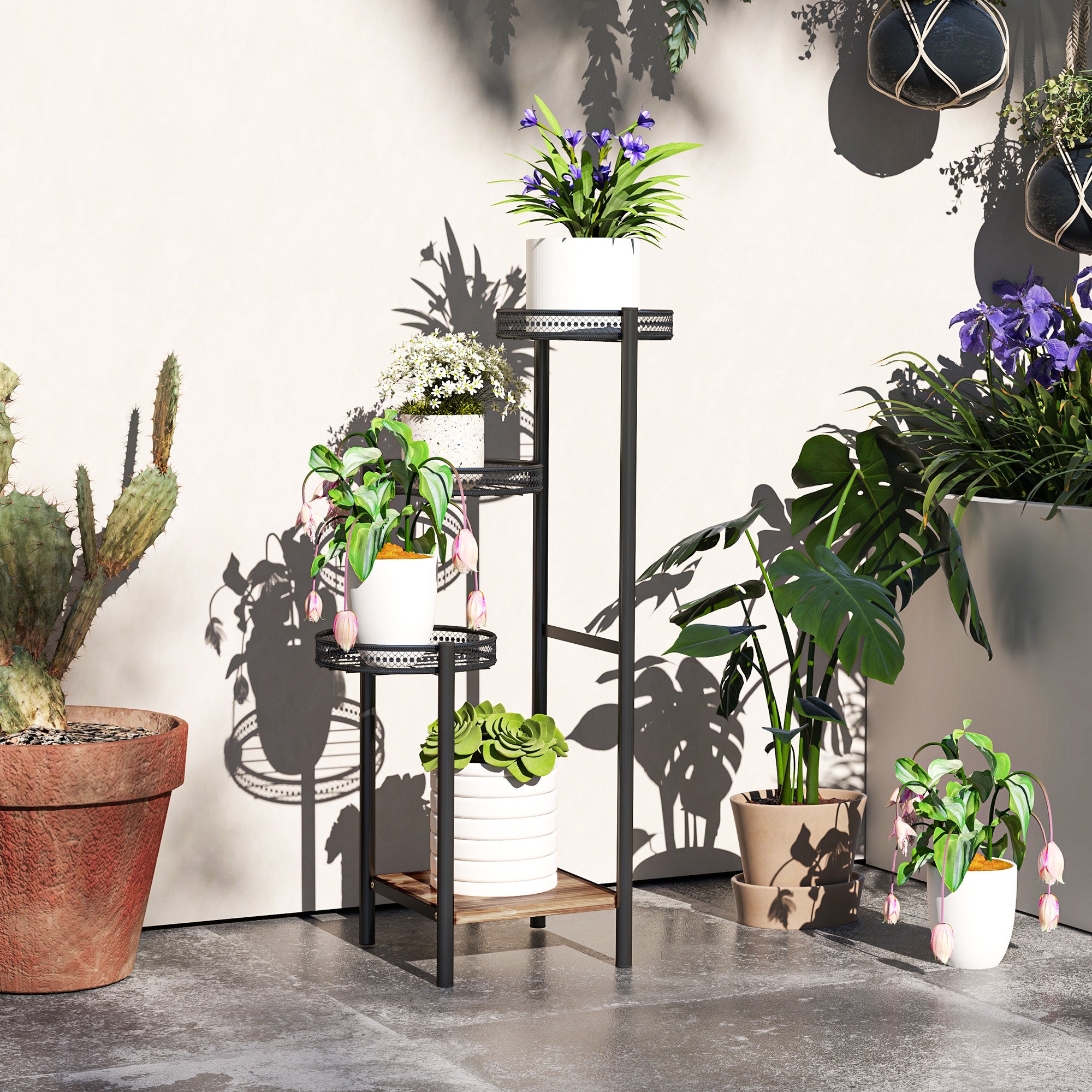 Suporte para Plantas de 4 Níveis – 25x25x80 cm – Preto – Aço e Madeira Maciça