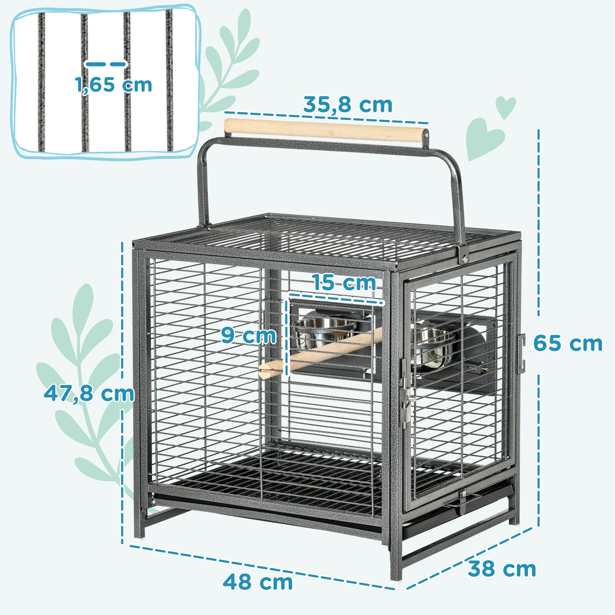 Gaiola para Pássaros Portátil – 48x38x47,8 cm – Preto – Aço e madeira