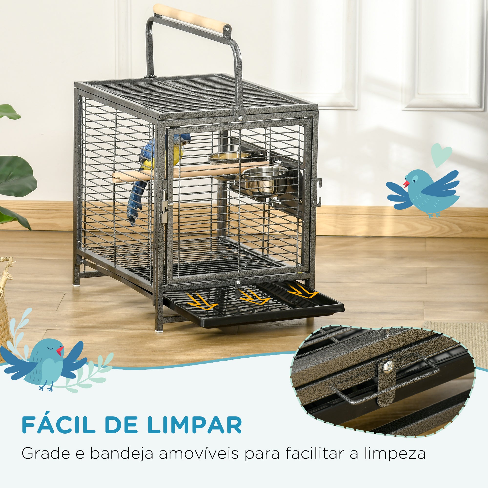 Gaiola para Pássaros Portátil – 48x38x47,8 cm – Preto – Aço e madeira