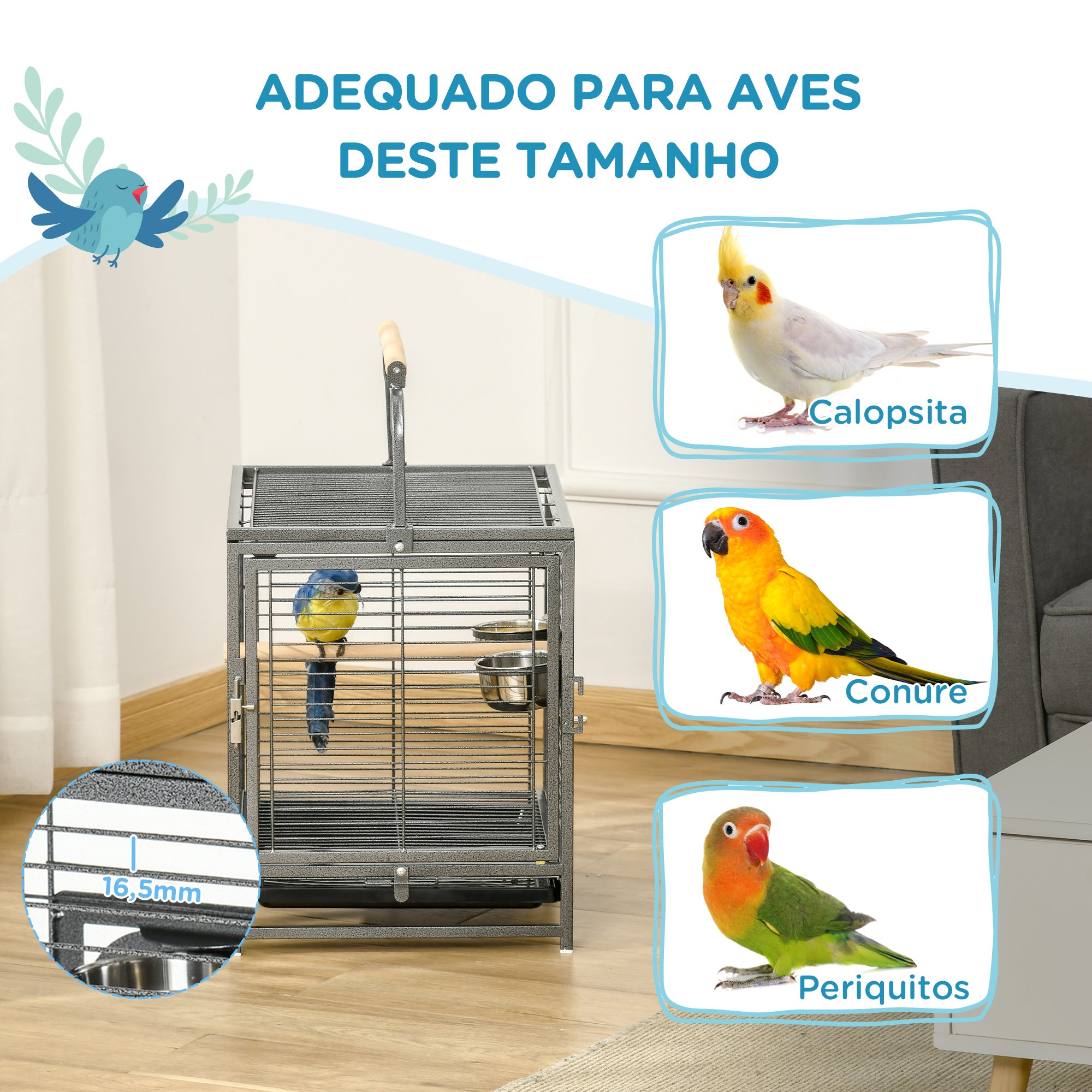 Gaiola para Pássaros Portátil – 48x38x47,8 cm – Preto – Aço e madeira