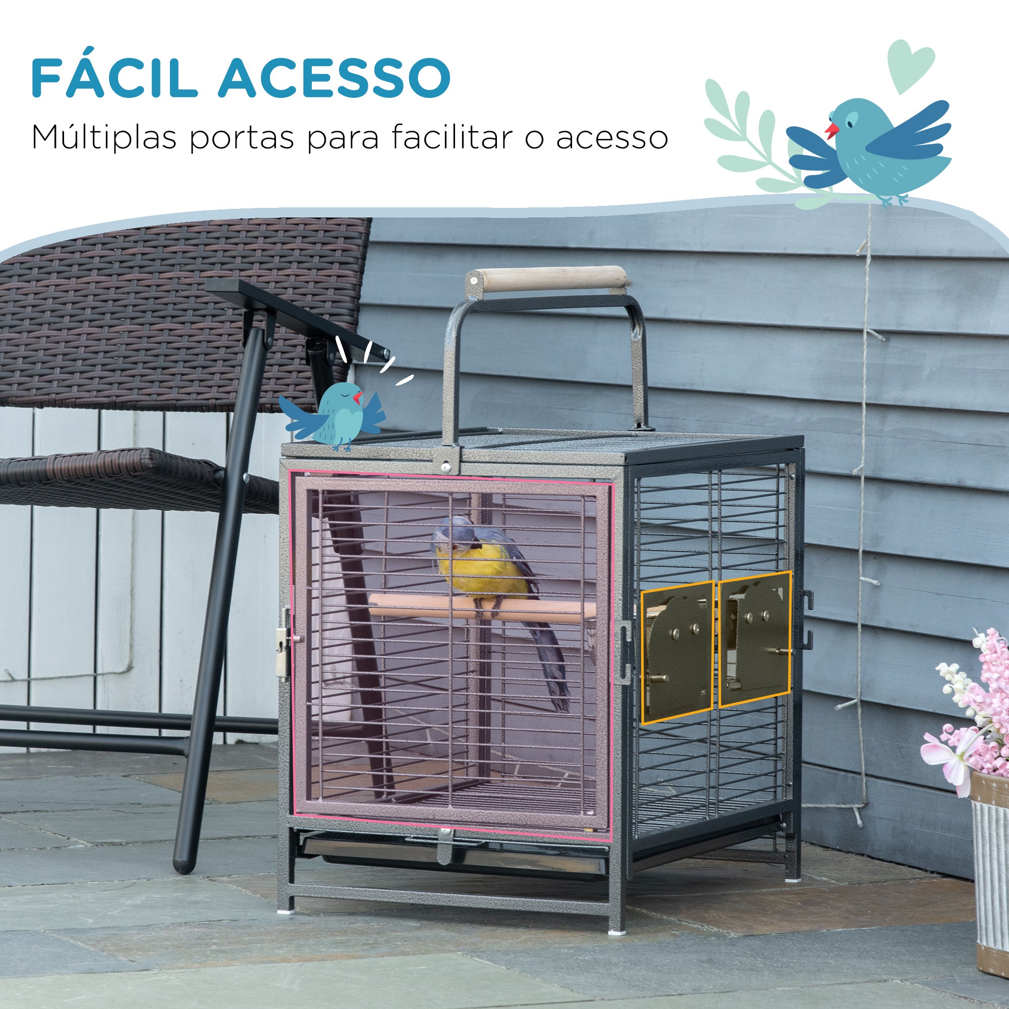 Gaiola para Pássaros Portátil – 48x38x47,8 cm – Preto – Aço e madeira