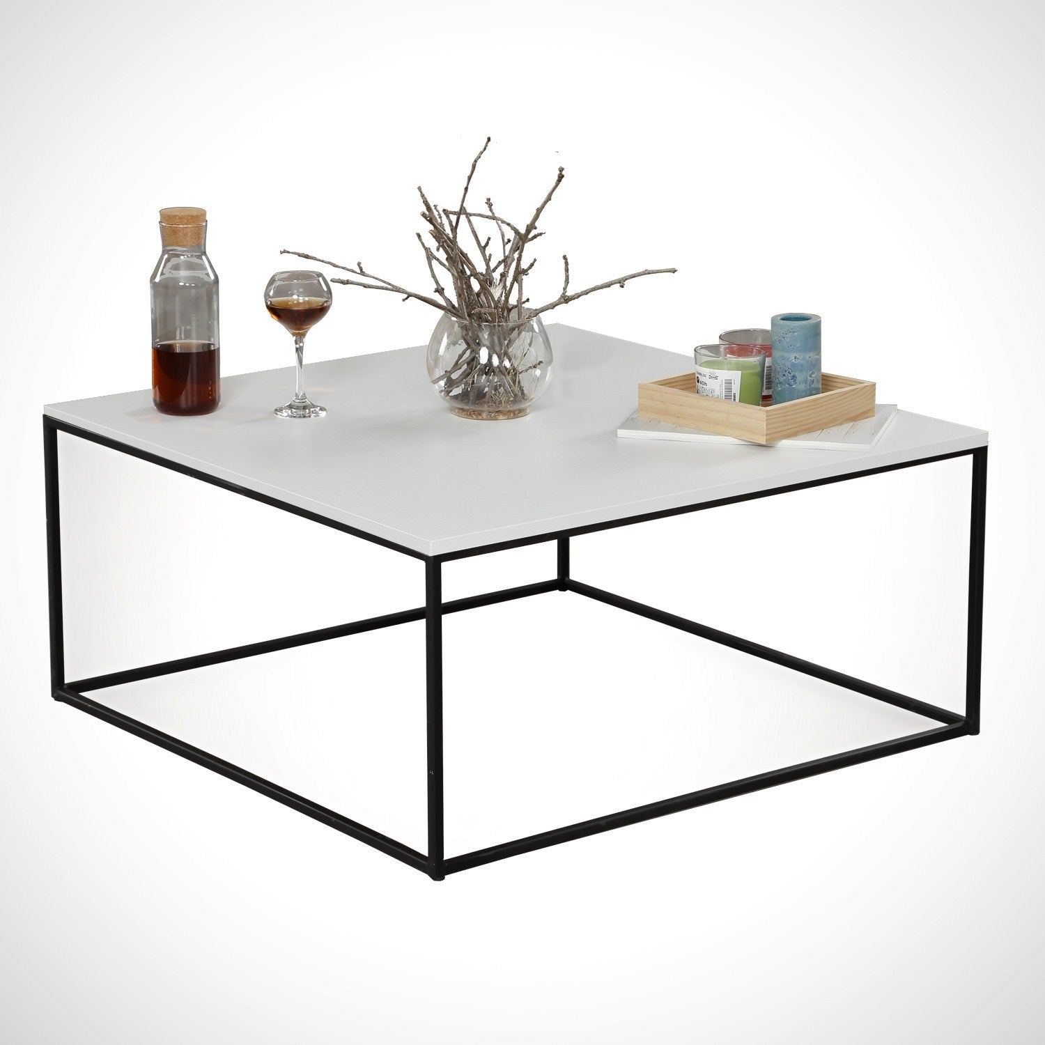 Mesa de Centro Branca Elegante, 75 x 75 x 43 cm | Painel de Partículas 100% Revestido em Melamina, 18 mm de Espessura | Pés de Metal Duráveis, Perfeita para Hotéis e Espaços Modernos
