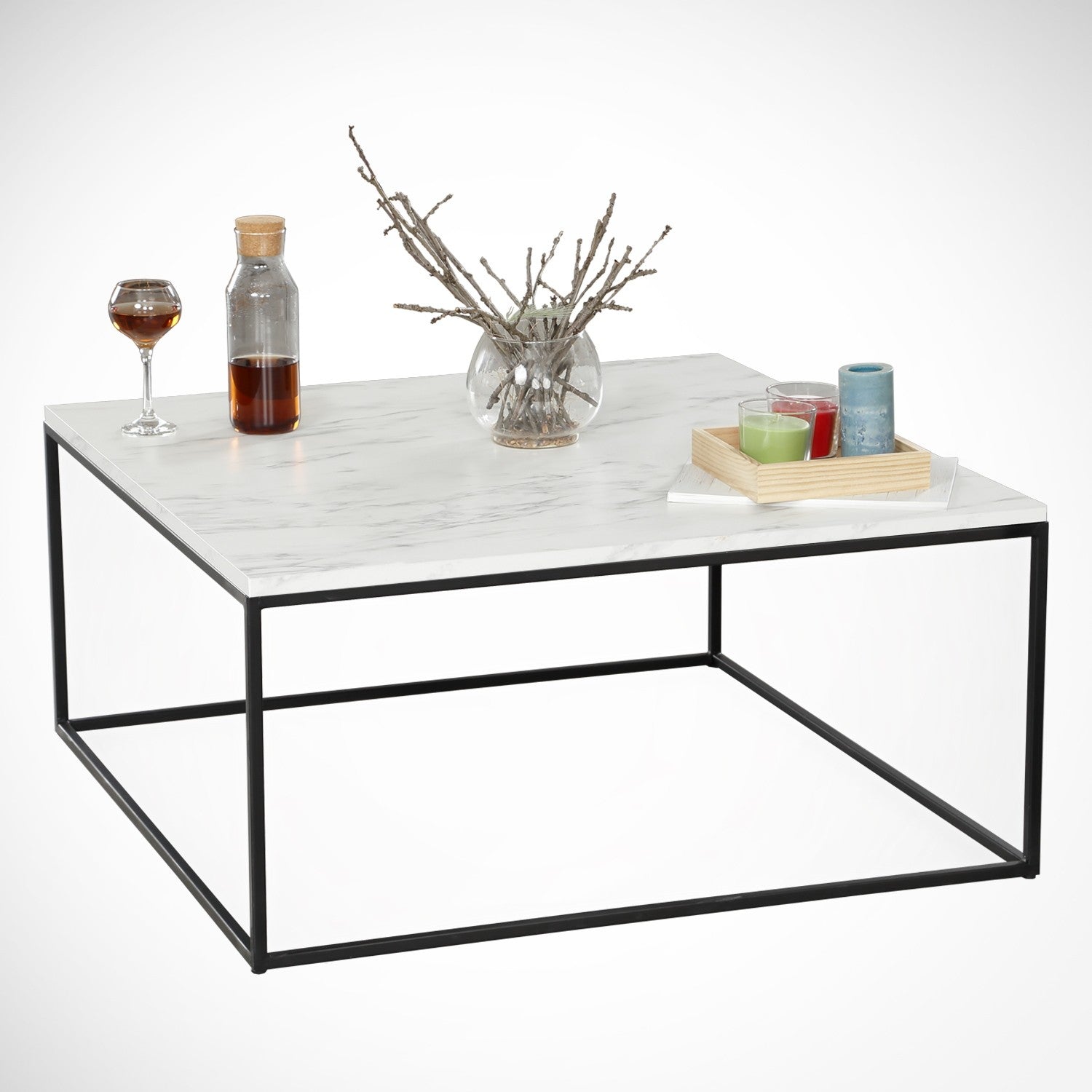 Mesa de Centro em Estilo Industrial, Branca e Preta, 75 x 43 x 75 cm | Painel de Partículas 100% Revestido em Melamina, 18 mm de Espessura | Pernas de Metal Resistente, Design Elegante para Espaços Modernos