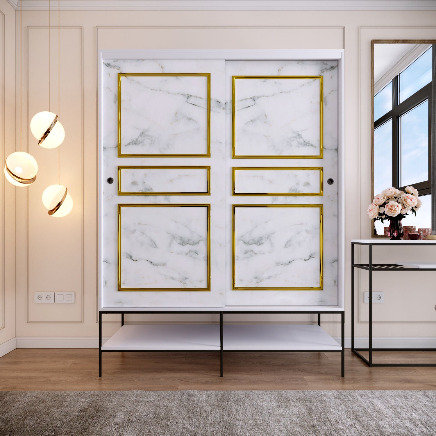 Guarda-roupa de painel de partículas revestido a melamina – 150 cm x 200 cm x 57 cm – Branco, Preto e Dourado