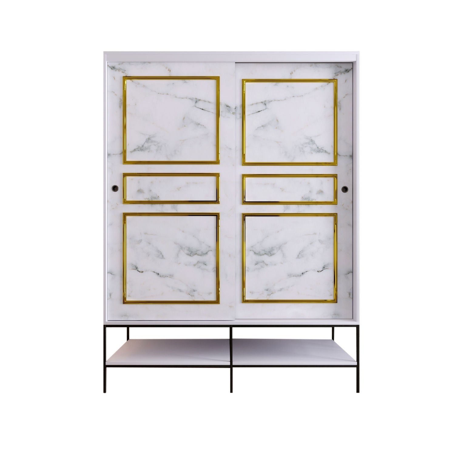 Guarda-roupa de painel de partículas revestido a melamina – 150 cm x 200 cm x 57 cm – Branco, Preto e Dourado