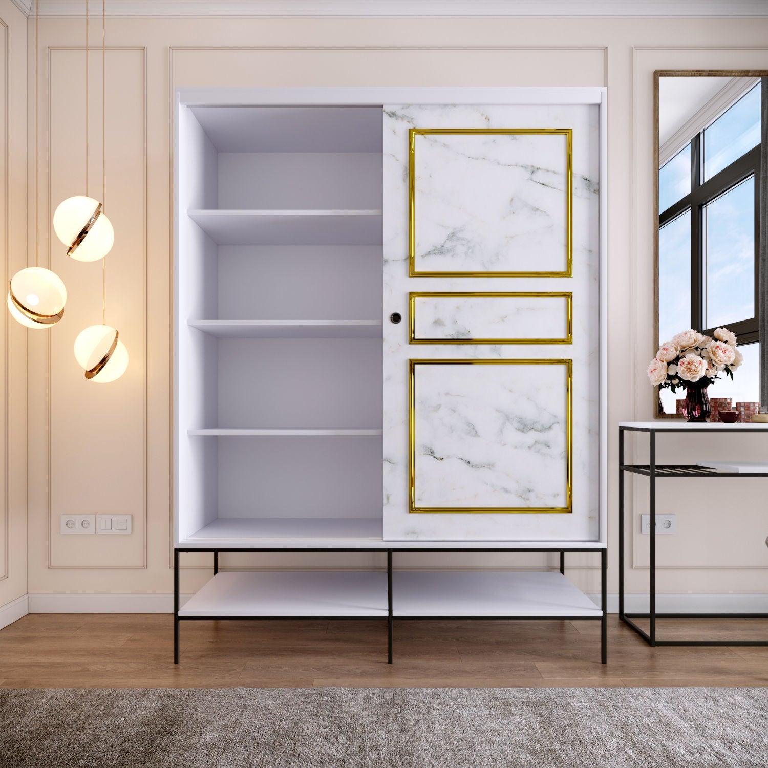 Guarda-roupa de painel de partículas revestido a melamina – 150 cm x 200 cm x 57 cm – Branco, Preto e Dourado