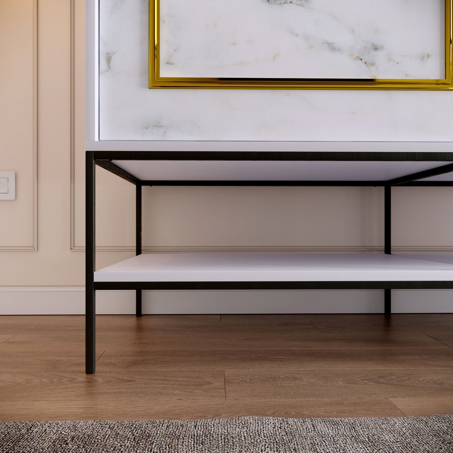 Guarda-roupa de painel de partículas revestido a melamina – 150 cm x 200 cm x 57 cm – Branco, Preto e Dourado