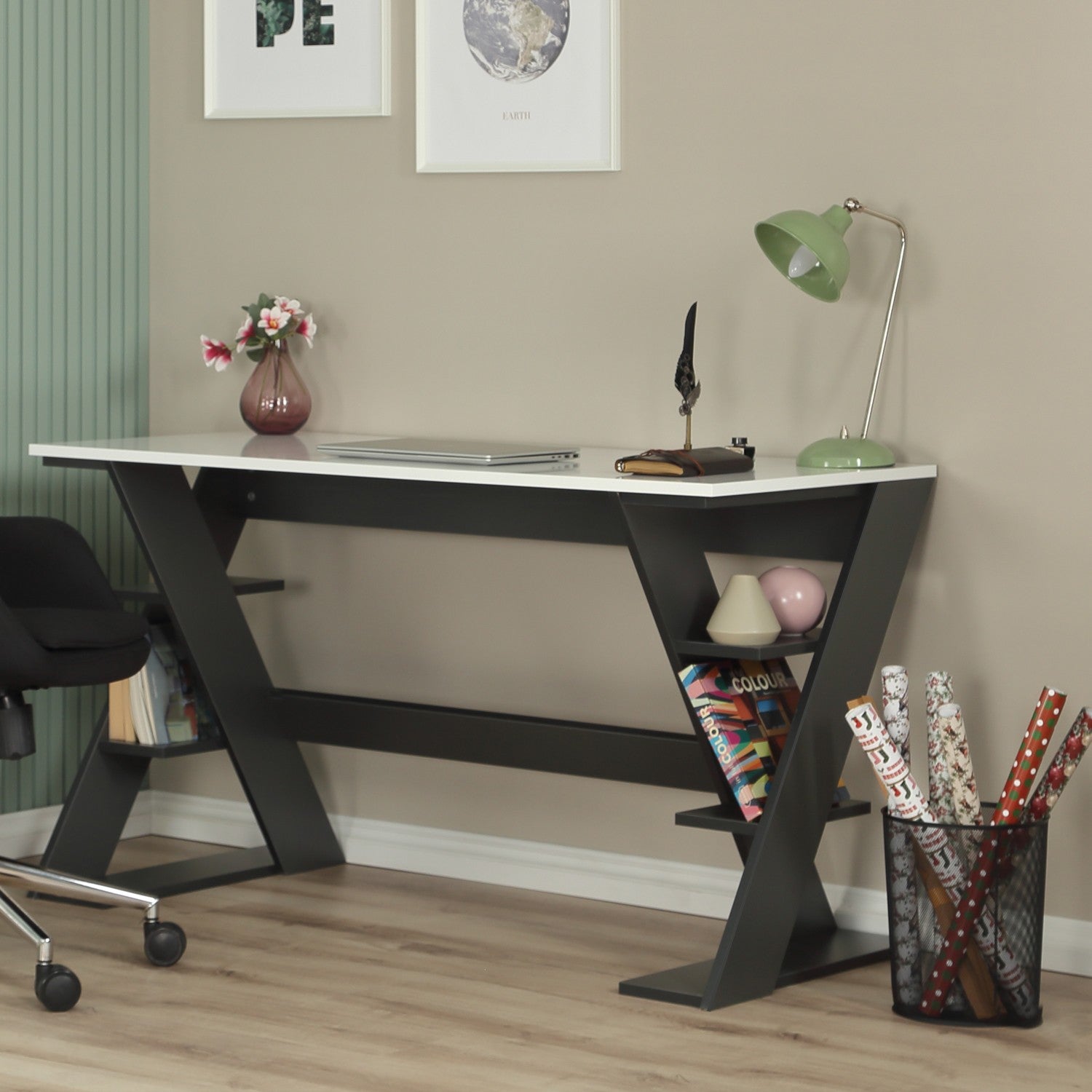 Secretária de Estudo – 140 cm x 73 cm x 60 cm – Antracite e Branco – Aglomerado
