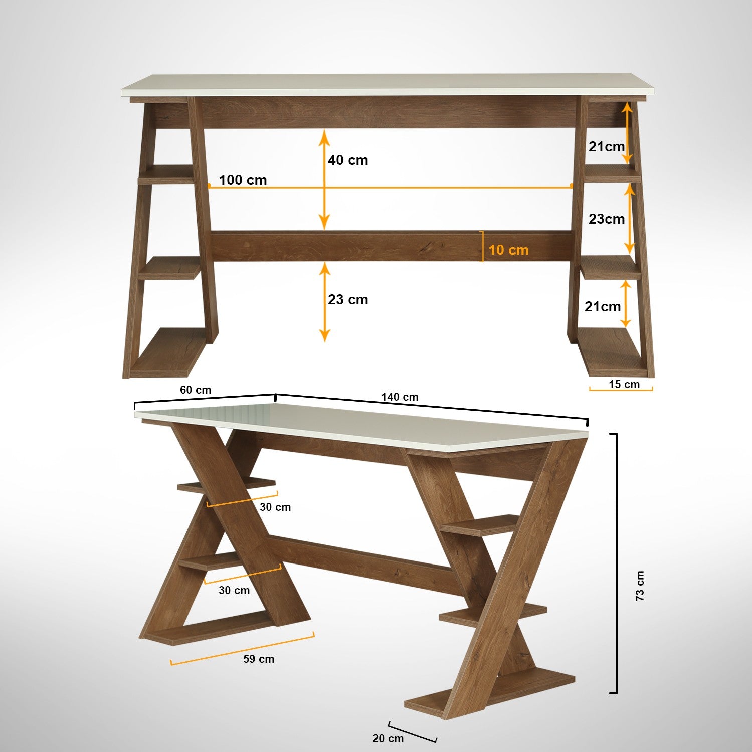 Secretária de Estudo - 140 cm x 73 cm x 60 cm - Carvalho Escuro e Branco - Aglomerado