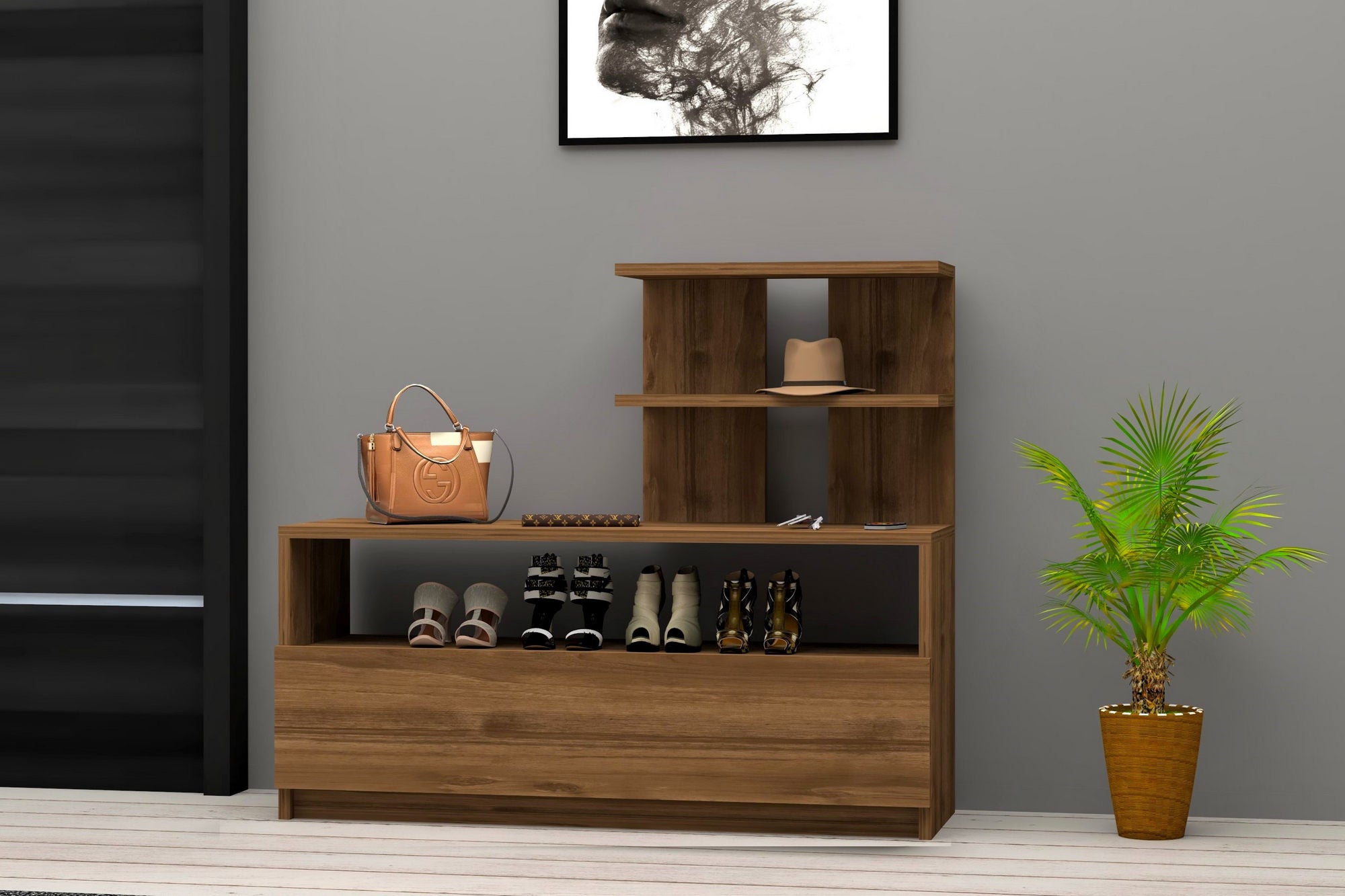 Sapateira estilosa, marrom, 100 cm x 85 cm x 29,6 cm | Painel de partículas 100% revestido em melamina, 18 mm de espessura | Montável na parede, com várias prateleiras, perfeita para decoração de cabanas/lodges