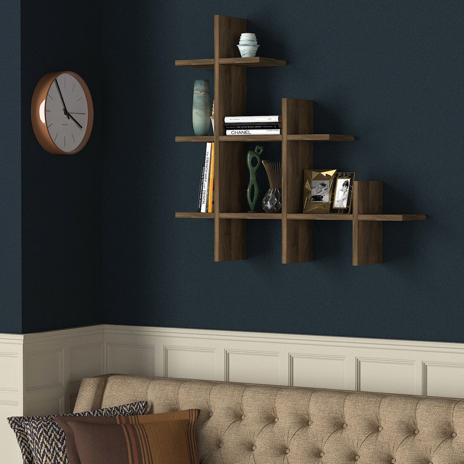 Prateleira de parede moderna em nogueira, 76,4 x 80 x 18 cm | Painel de partículas 100% revestido em melamina, 18 mm de espessura | Solução de armazenamento elegante com várias prateleiras