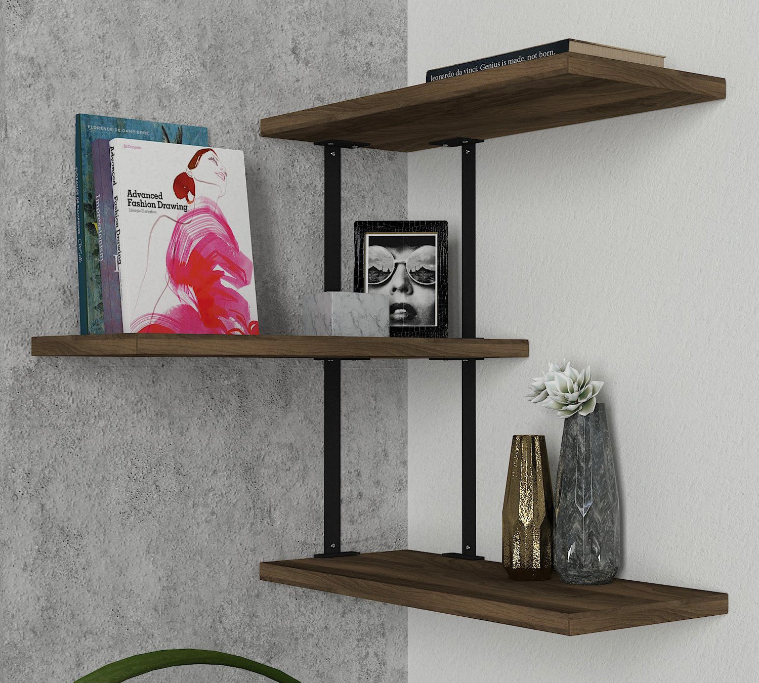 Prateleira de parede moderna com estrutura de metal, nogueira e preta, 45 x 47,4 x 20 cm | 100% revestida em melamina, 18 mm de espessura | Solução de armazenamento elegante para casa e escritório