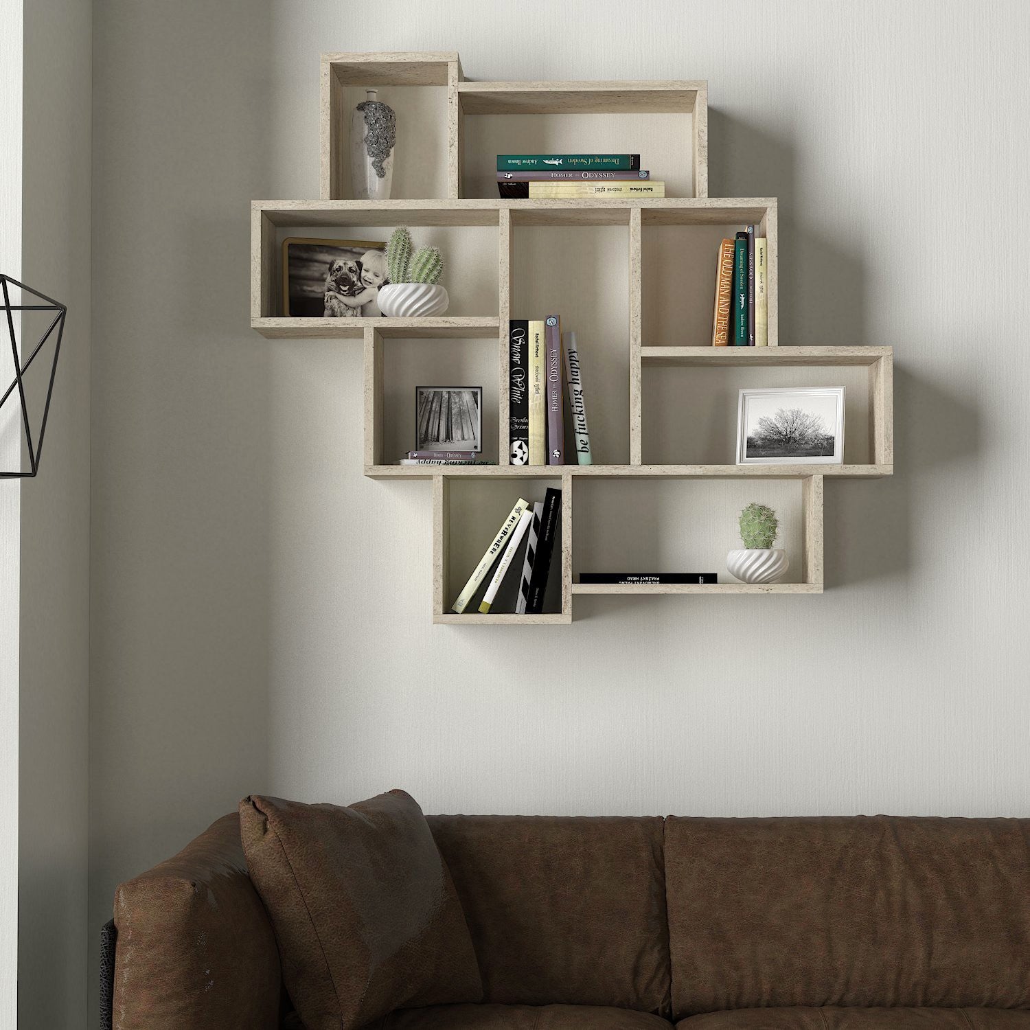 Prateleira de parede elegante, cor travertino, 115,5 x 103,5 x 15 cm | Painel de partículas 100% revestido de melamina, 18 mm de espessura | Solução de armazenamento elegante para qualquer ambiente