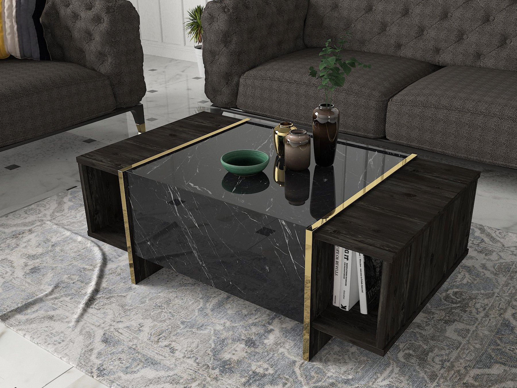 Mesa de Centro Moderna com Prateleira Lateral, Preta e Dourada, 103,8 x 37,3 x 60 cm | Revestimento 100% Melamina, 18 mm de Espessura | Elegante e Funcional para Casa e Hotel
