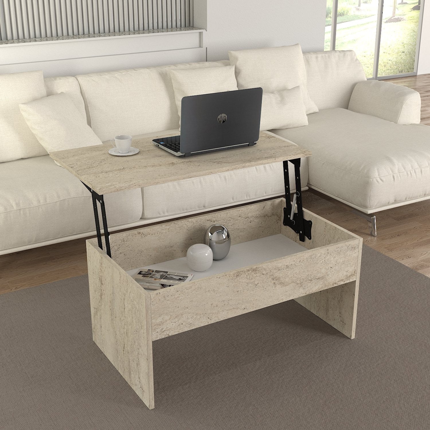 Mesa de Centro Elegante, Cor Travertino, 90 x 52 x 45 cm | Painel de Partículas 100% Revestido em Melamina, 18 mm de Espessura | Design Elegante em Mármore para Espaços Modernos