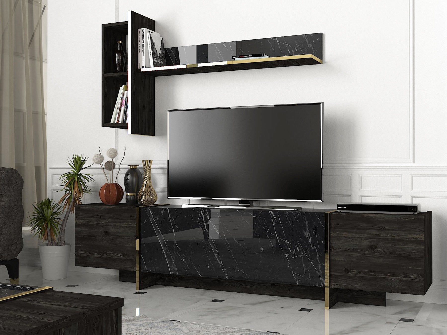 Móvel de TV moderno com opção de montagem na parede, preto e dourado, 180 cm | 100% revestido em melamina, 18 mm de espessura | Armazenamento elegante com várias prateleiras, design glamoroso