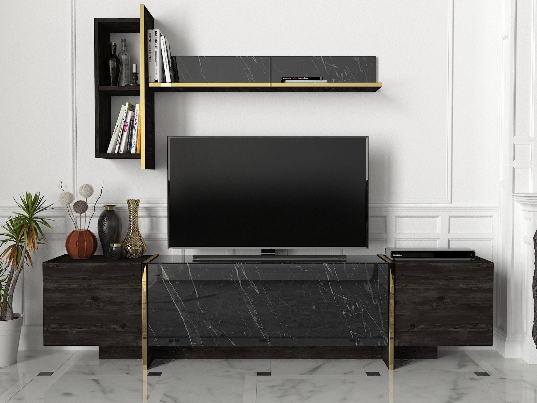 Móvel de TV moderno com opção de montagem na parede, preto e dourado, 180 cm | 100% revestido em melamina, 18 mm de espessura | Armazenamento elegante com várias prateleiras, design glamoroso