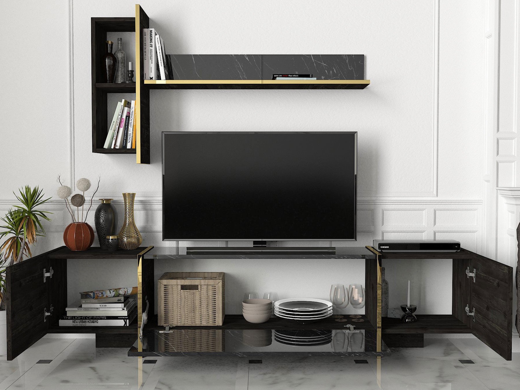 Móvel de TV moderno com opção de montagem na parede, preto e dourado, 180 cm | 100% revestido em melamina, 18 mm de espessura | Armazenamento elegante com várias prateleiras, design glamoroso