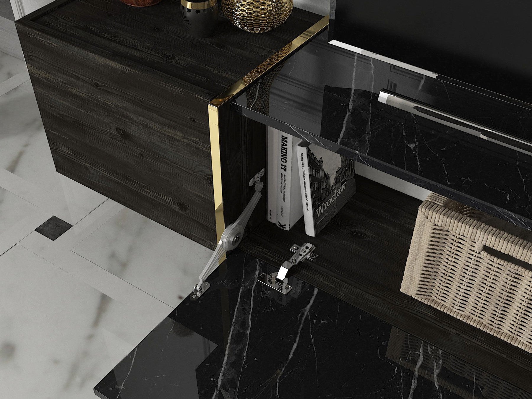 Móvel de TV moderno com opção de montagem na parede, preto e dourado, 180 cm | 100% revestido em melamina, 18 mm de espessura | Armazenamento elegante com várias prateleiras, design glamoroso