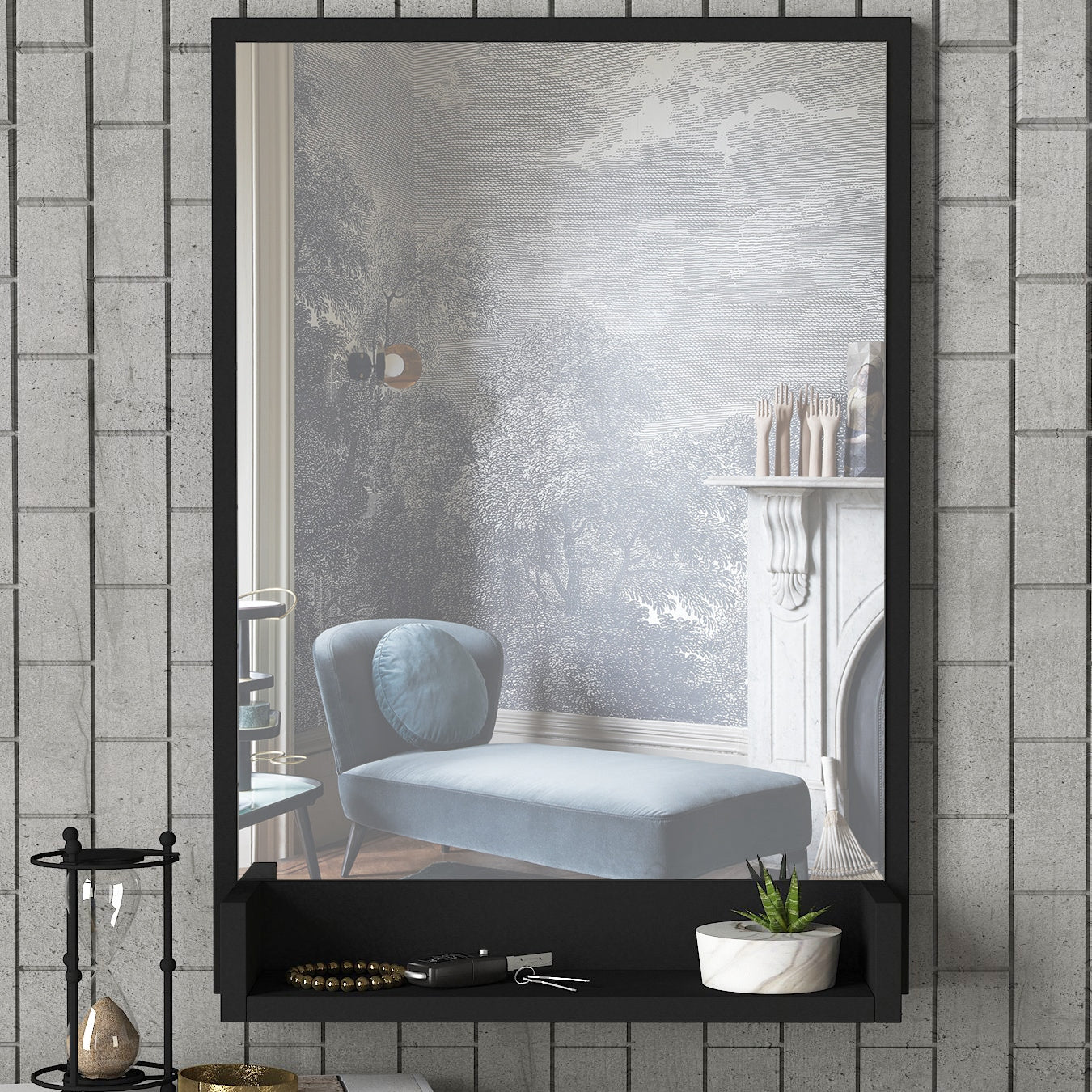 Espelho decorativo moderno com prateleira, preto, 45 x 75 cm | Painel de partículas 100% revestido em melamina, 18 mm de espessura | Montável na parede, design escandinavo