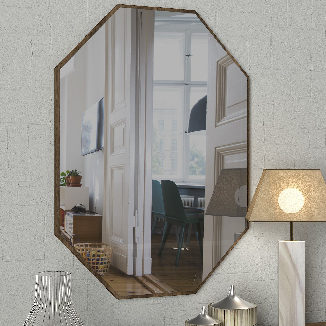 Espelho decorativo moderno, cor nogueira, 45 x 70 x 2 cm | Painel de partículas 100% revestido em melamina, para montagem na parede | Design escandinavo elegante para residências e hotéis