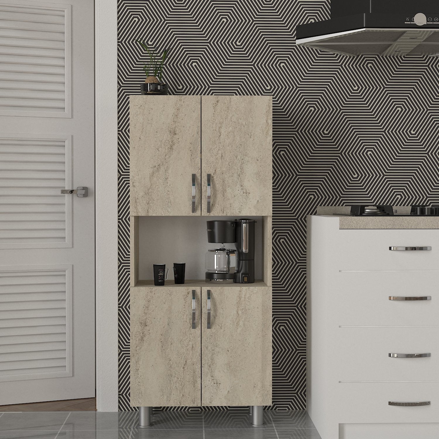 Armário de casa de banho – 59.5x140.3x29.5 cm – Travertino – Painel de partículas revestido a melamina