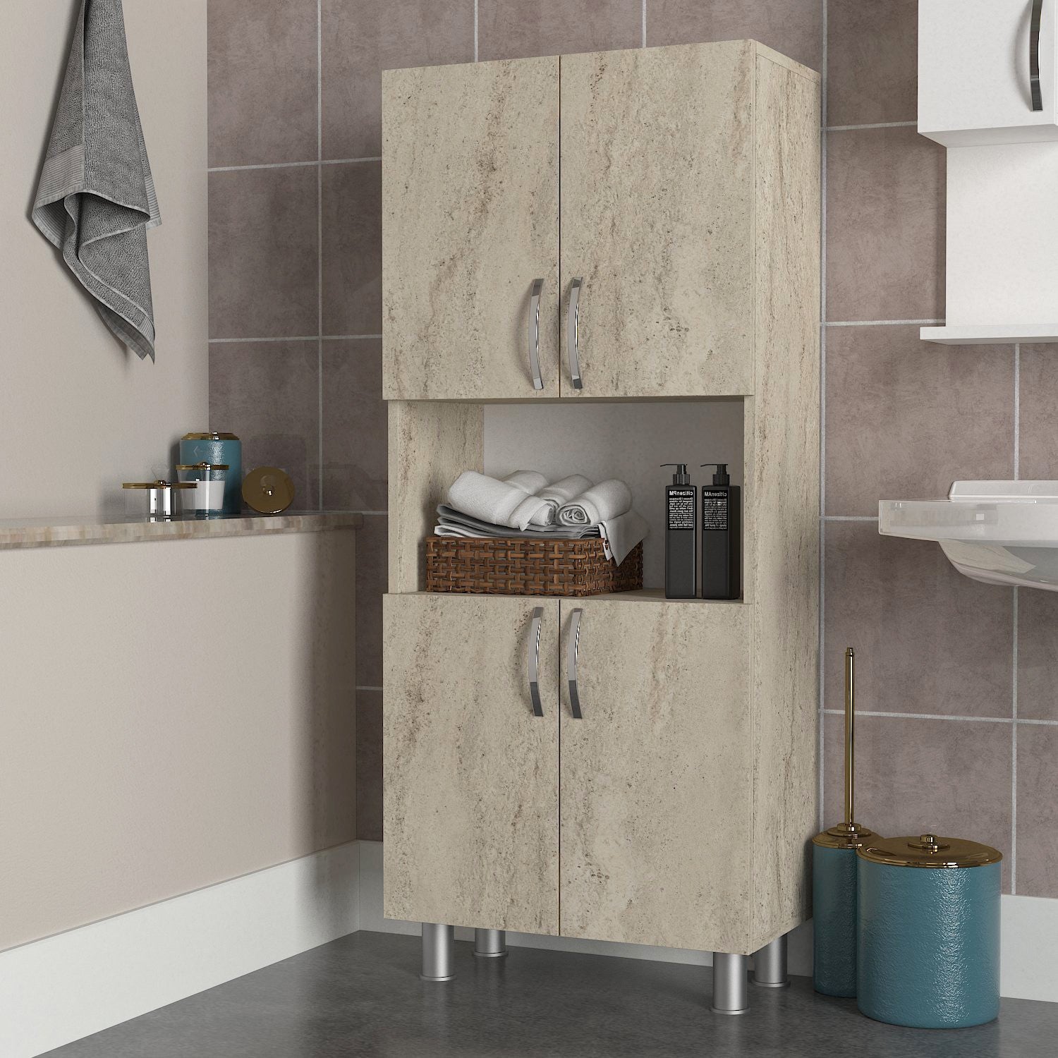 Armário de casa de banho – 59.5x140.3x29.5 cm – Travertino – Painel de partículas revestido a melamina