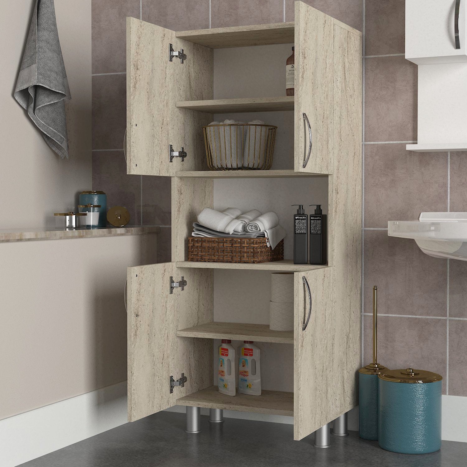 Armário de casa de banho – 59.5x140.3x29.5 cm – Travertino – Painel de partículas revestido a melamina