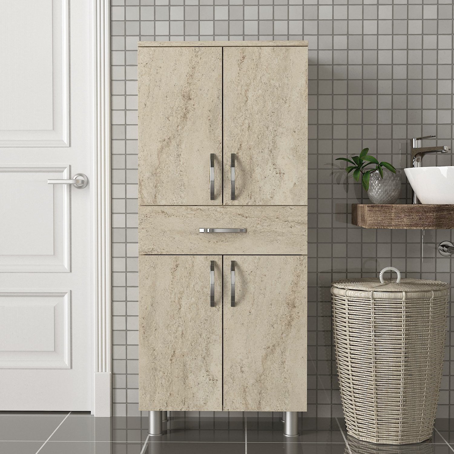 Armário de banheiro – 59,4 cm x 140 cm x 31,5 cm – Travertino – Placa de partícula revestida de melamina