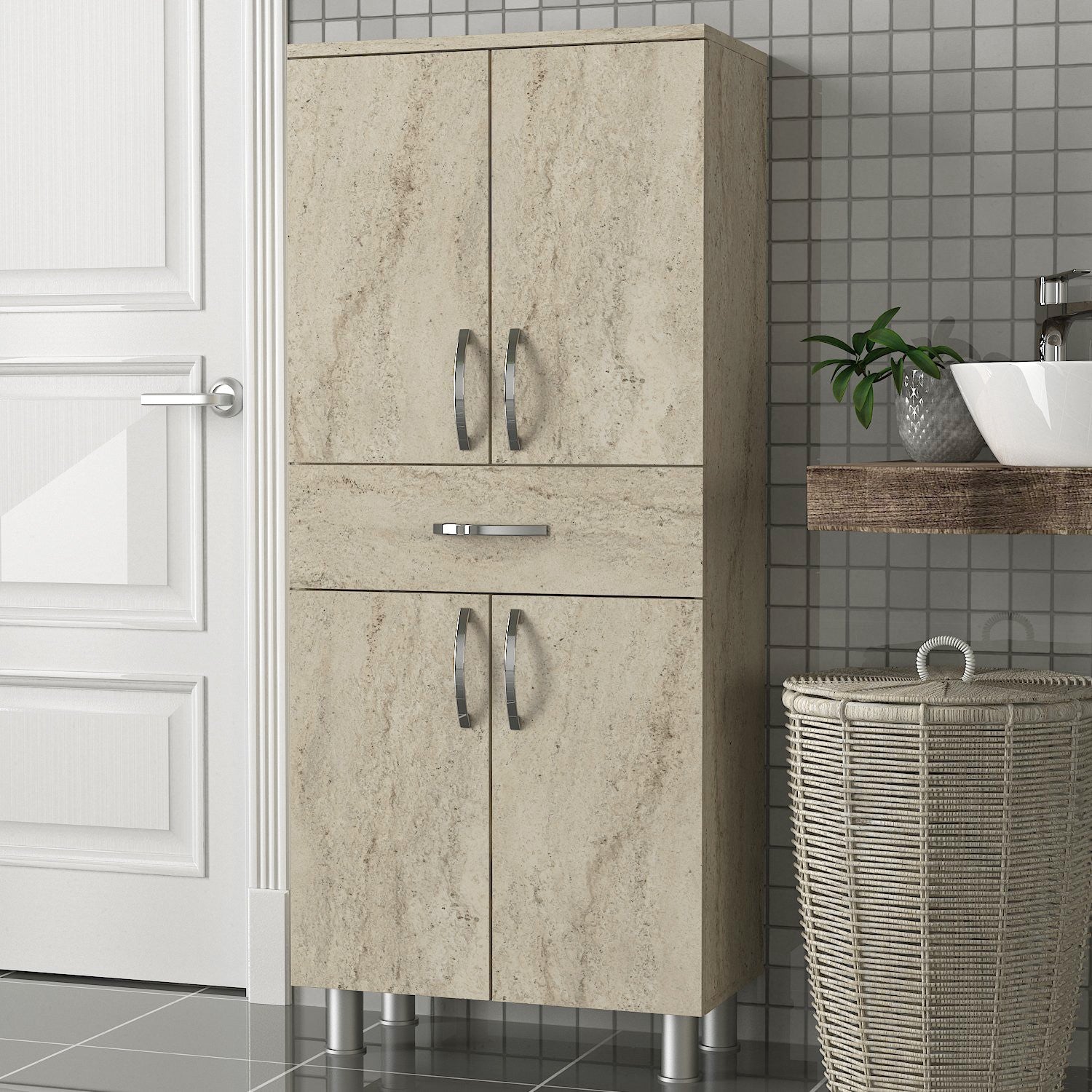 Armário de banheiro – 59,4 cm x 140 cm x 31,5 cm – Travertino – Placa de partícula revestida de melamina