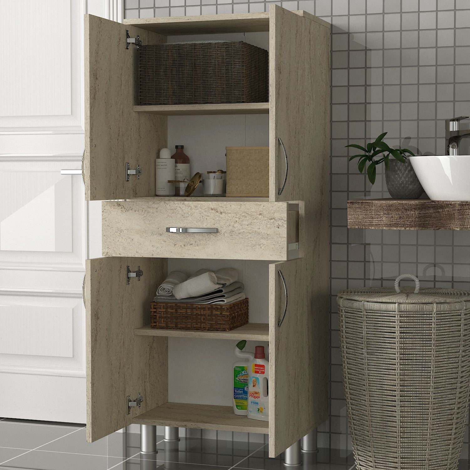 Armário de banheiro – 59,4 cm x 140 cm x 31,5 cm – Travertino – Placa de partícula revestida de melamina