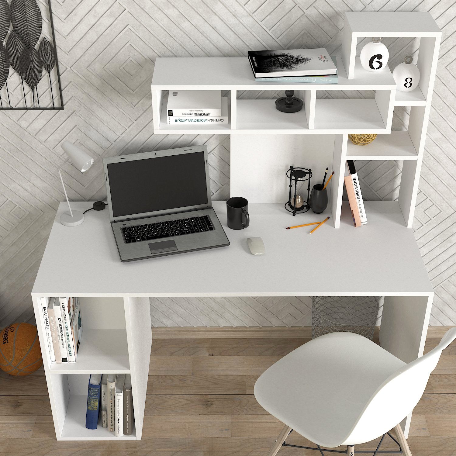 Secretária de Estudo – 140 cm x 153.8 cm x 60 cm – Branco e Dourado – Painel de Partículas