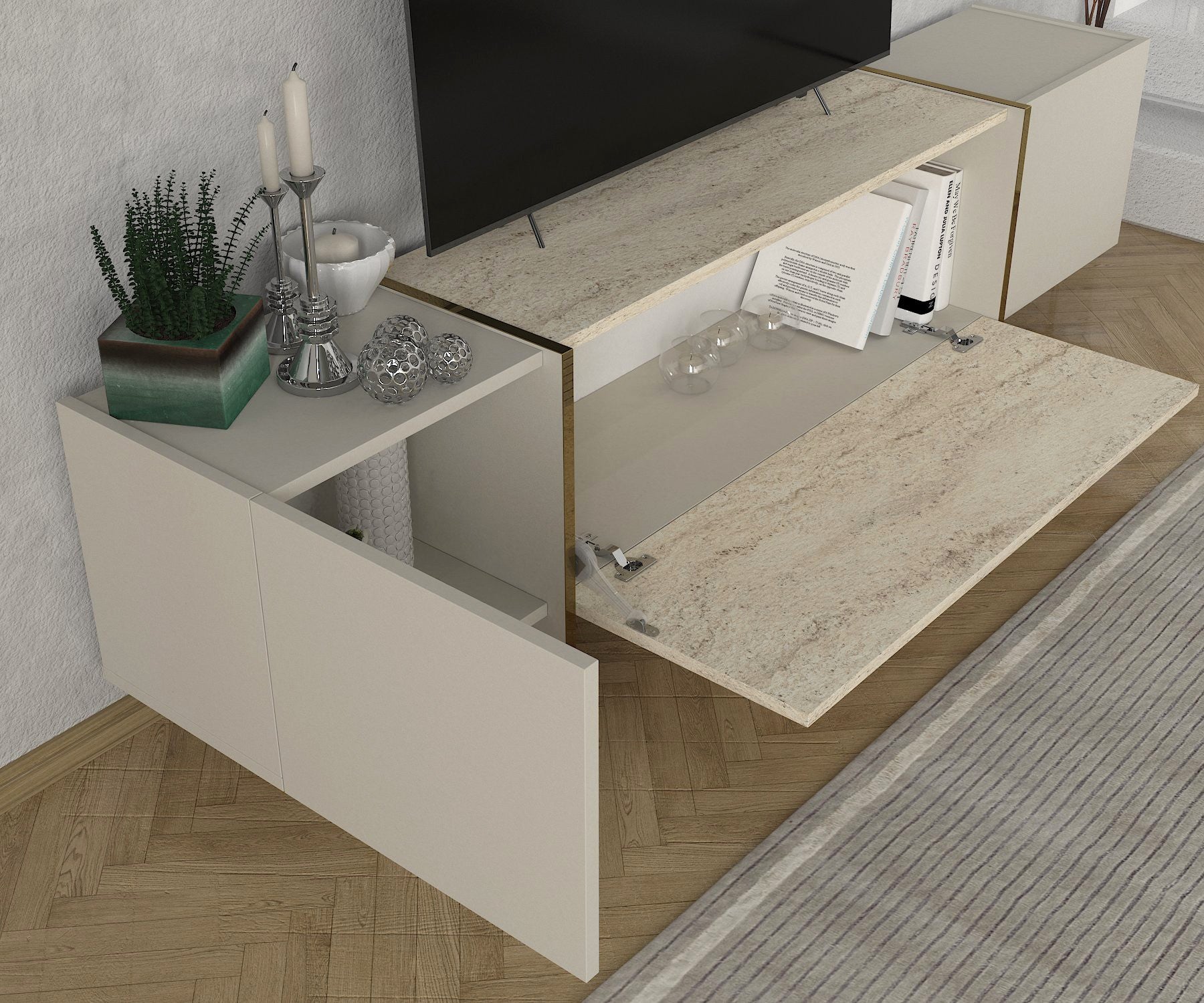 Móvel de TV – 180 cm x 45 cm x 32.3 cm – Travertino e Arenito – Painel de partículas revestido a melamina