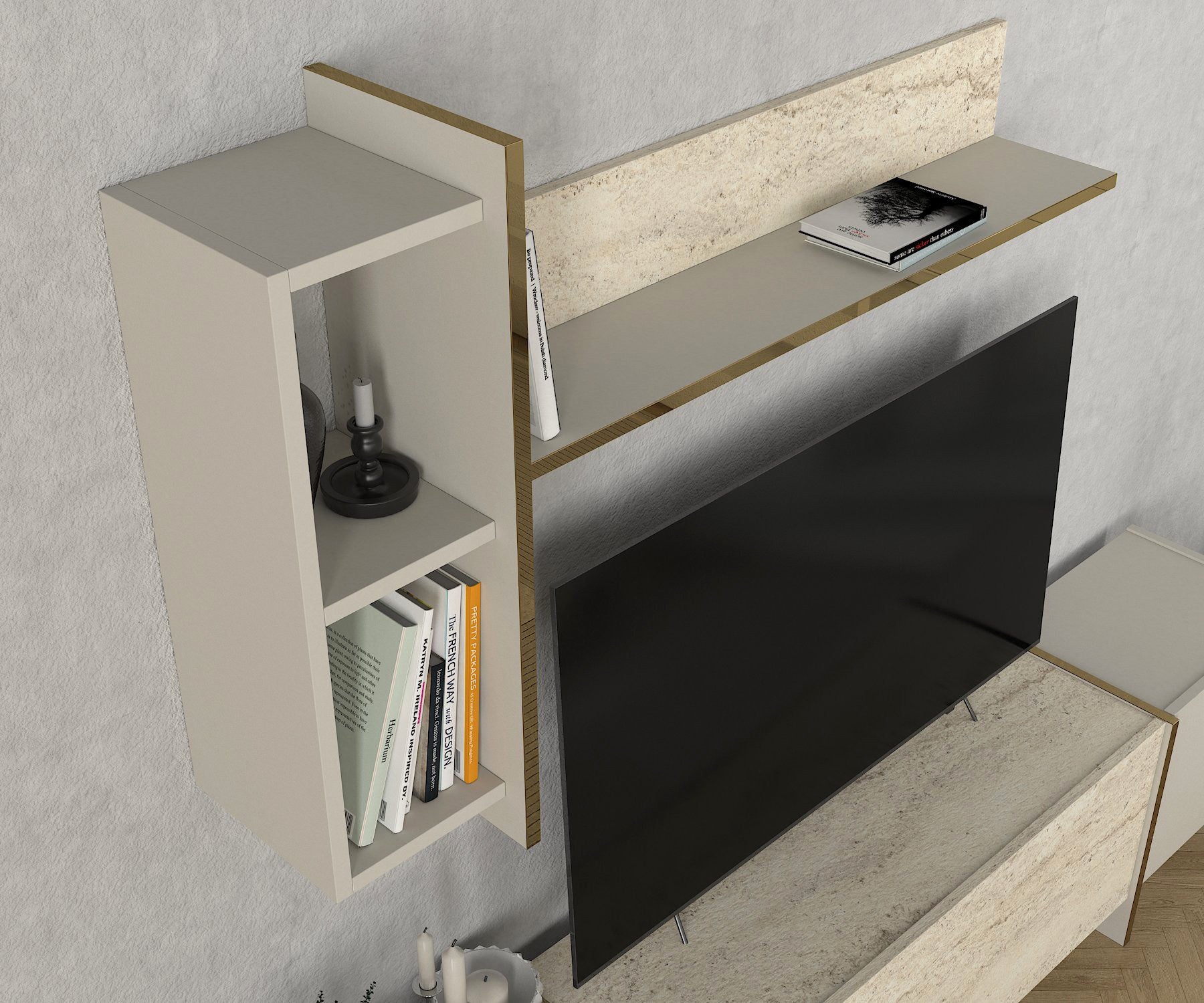 Móvel de TV – 180 cm x 45 cm x 32.3 cm – Travertino e Arenito – Painel de partículas revestido a melamina