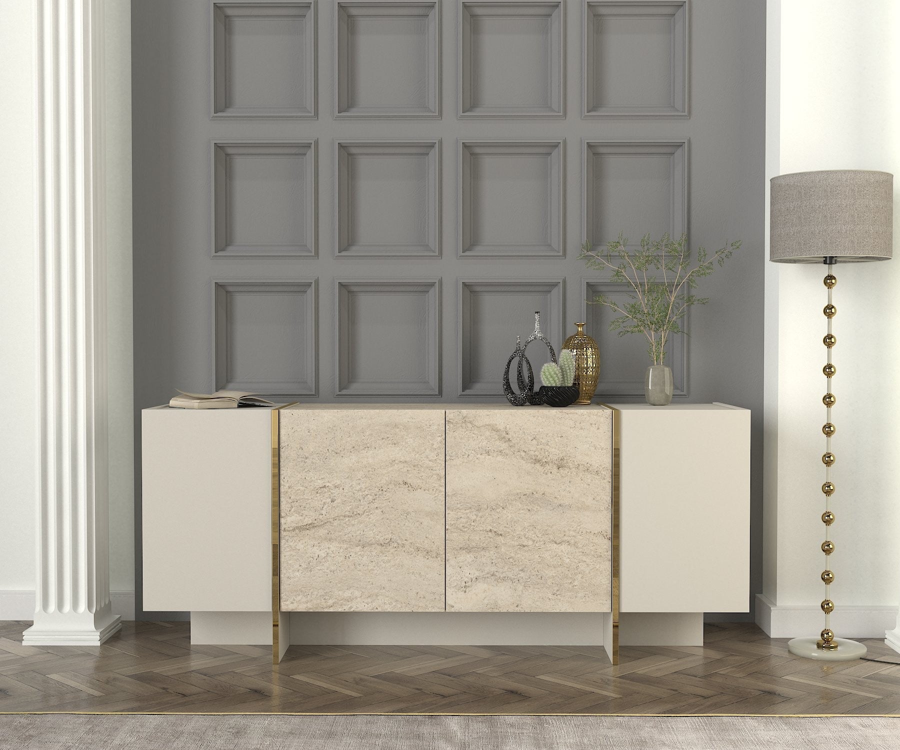 Aparador – 180 cm x 75,5 cm x 46,6 cm – Cor travertino e arenito – Material: Painel de partículas revestido em melamina