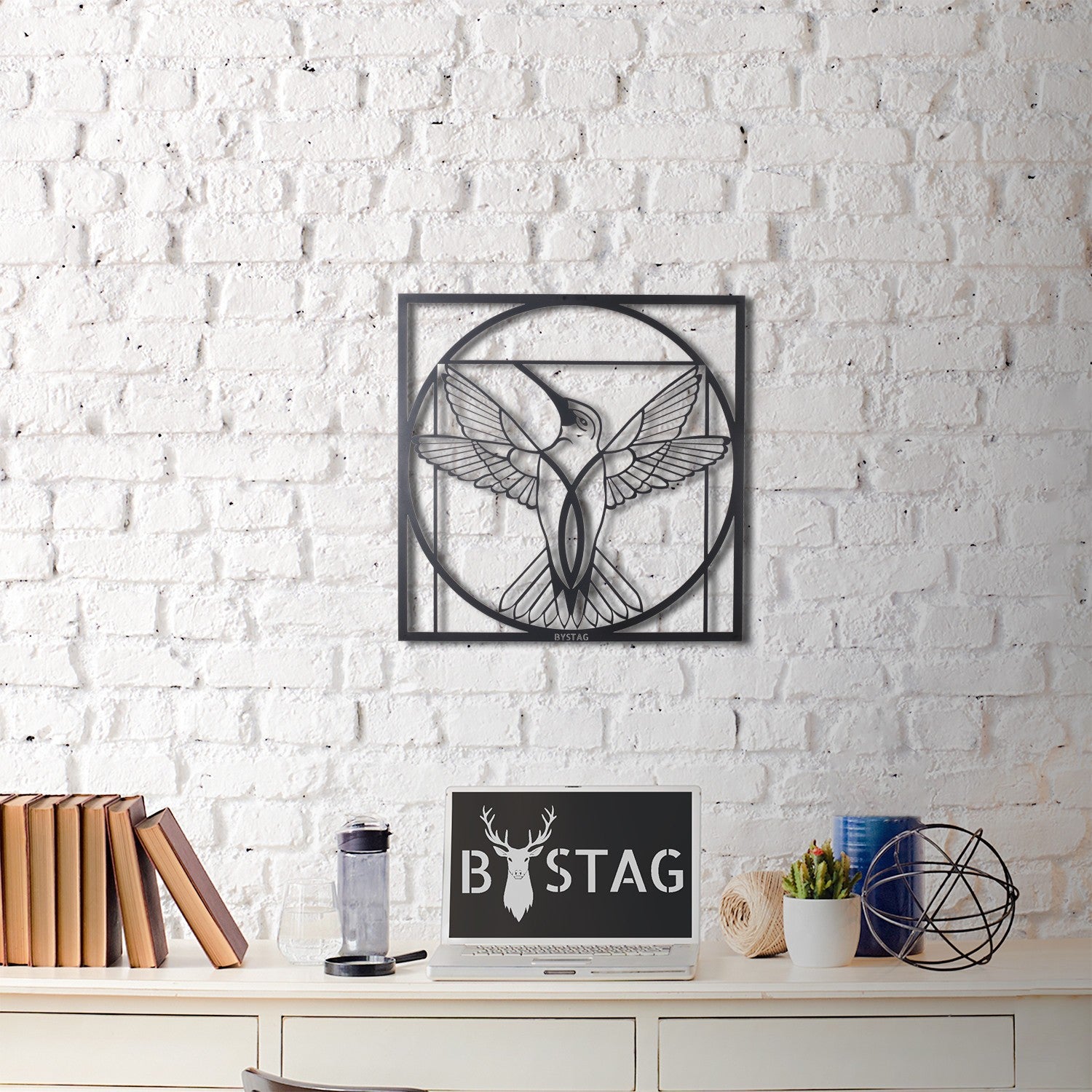 Arte de Parede Metálica Da Vinci Bird - Decoração Moderna em Metal Preto 50x50cm