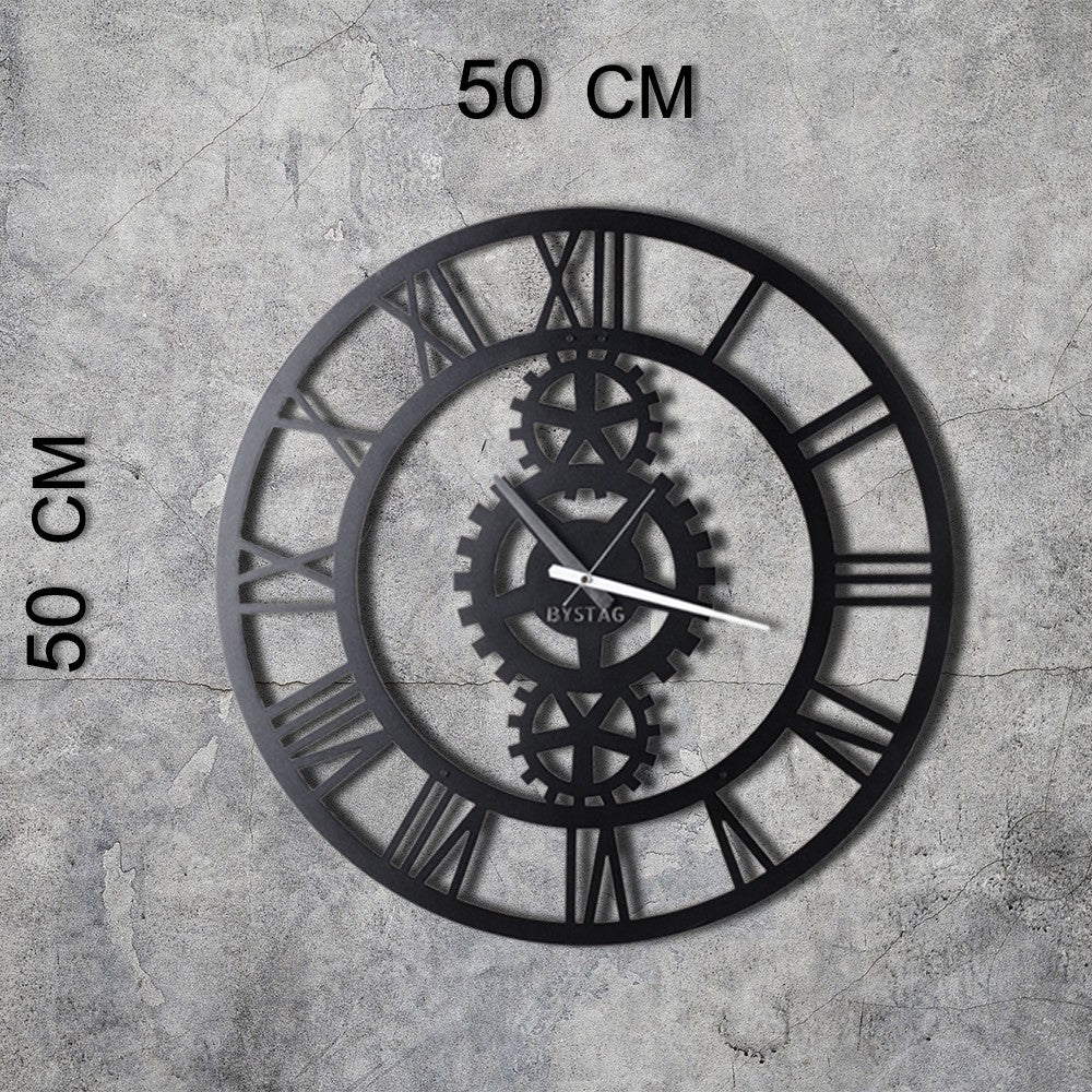 Relógio de Parede Decorativo Gear - Metal Preto 50x50cm - Design Industrial Moderno