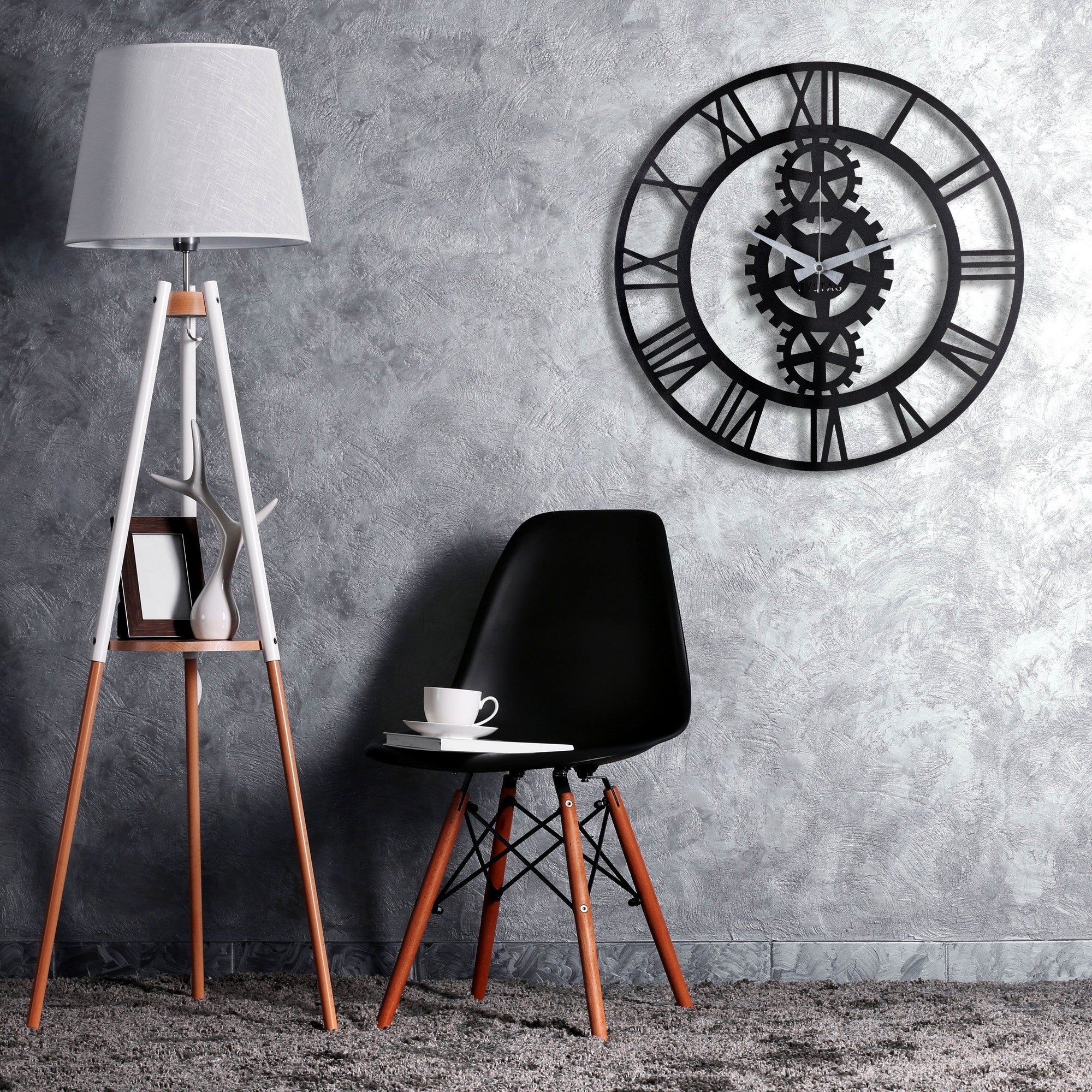 Relógio de Parede Decorativo Gear - Metal Preto 50x50cm - Design Industrial Moderno
