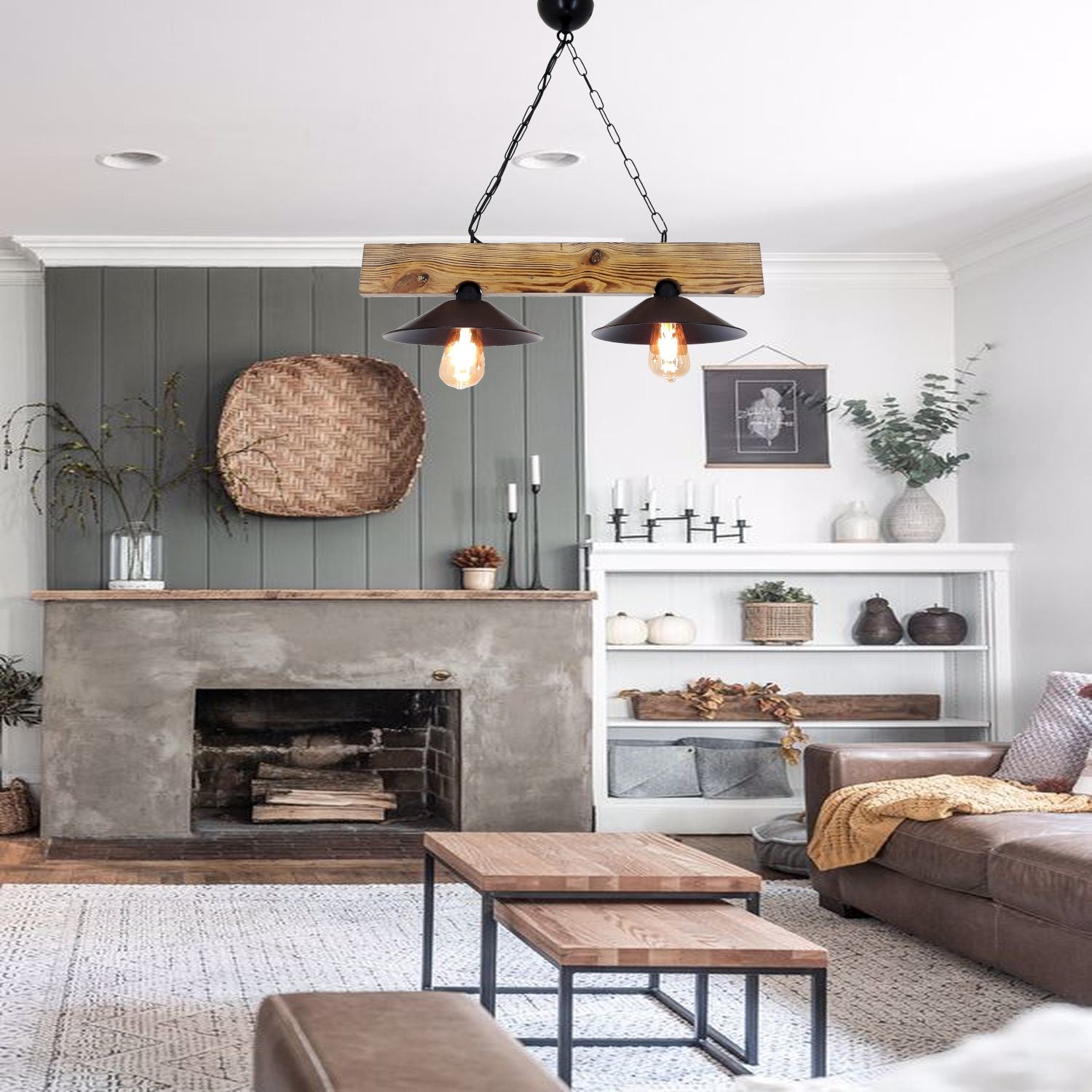 Candeeiro de Teto moderno feito à mão, nogueira e preto, 60 x 22 x 65 cm | 100% abeto, 2 x E27 máx. 40 W | Design industrial e rústico elegante para qualquer espaço