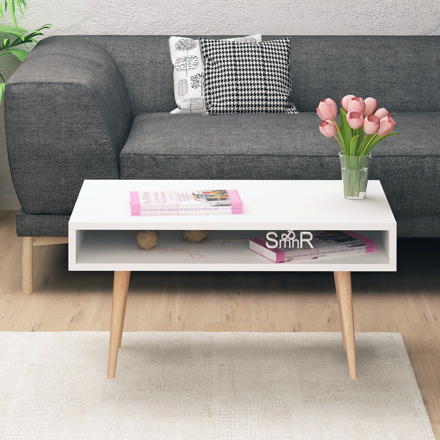 Mesa de Centro Moderna de 2 Andares, Branca, 80 x 53,6 x 45 cm | Painel de Partículas 100% Revestido em Melamina, 18 mm de Espessura, Pernas de Madeira Resistente | Design Elegante e Funcional