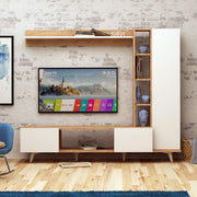 Móvel de TV moderno com prateleira de parede e armário, carvalho e branco, 170 x 37 x 37 cm | Revestimento 100% melamina, 18 mm de espessura, pés de plástico | Design elegante e funcional