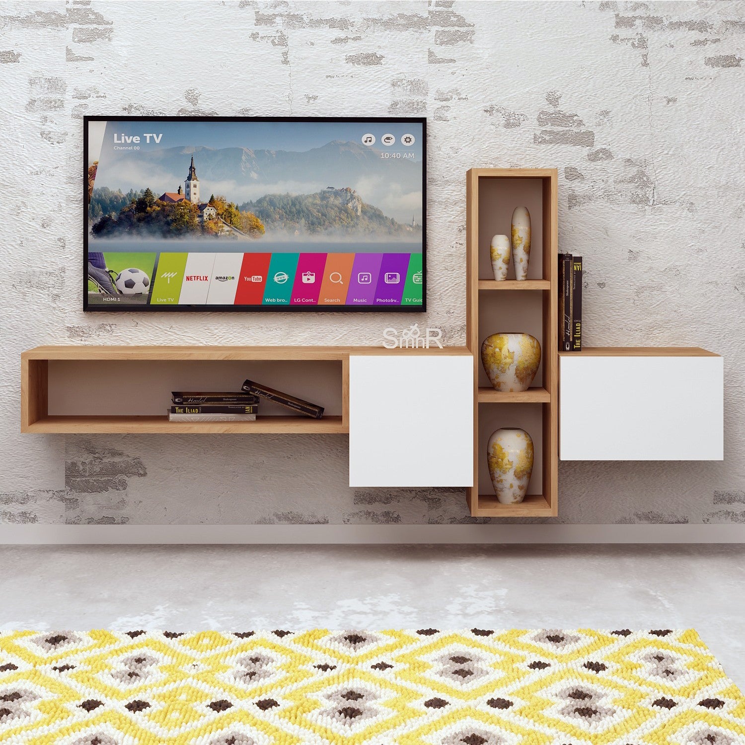 Móvel de TV moderno, carvalho e branco, 160 x 70 x 35 cm | Painel de partículas 100% revestido em melamina, 18 mm de espessura | Montável na parede, design elegante com prateleiras
