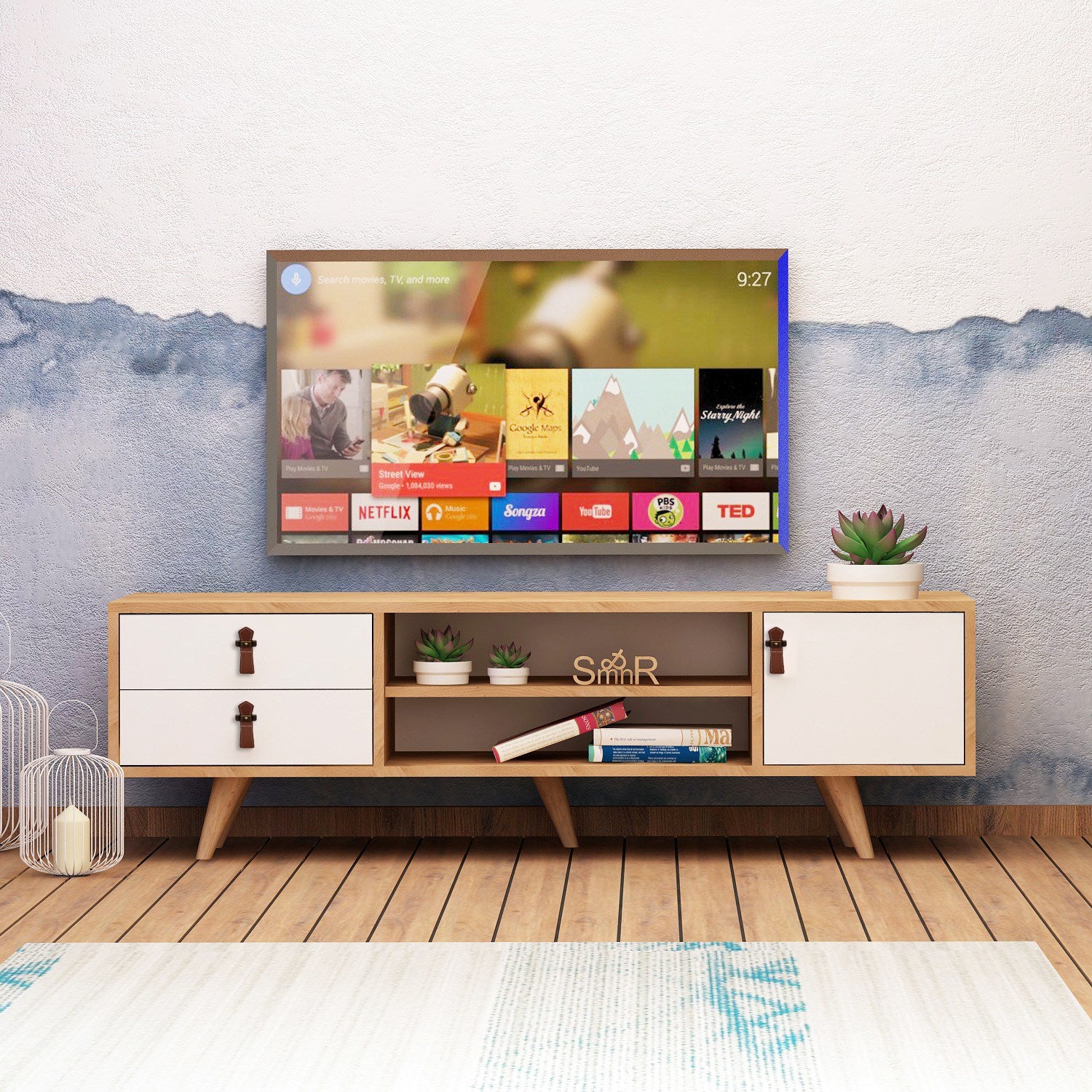 Móvel de TV – 120 cm x 53 cm x 40 cm – Branco e Carvalho – Painel de partículas